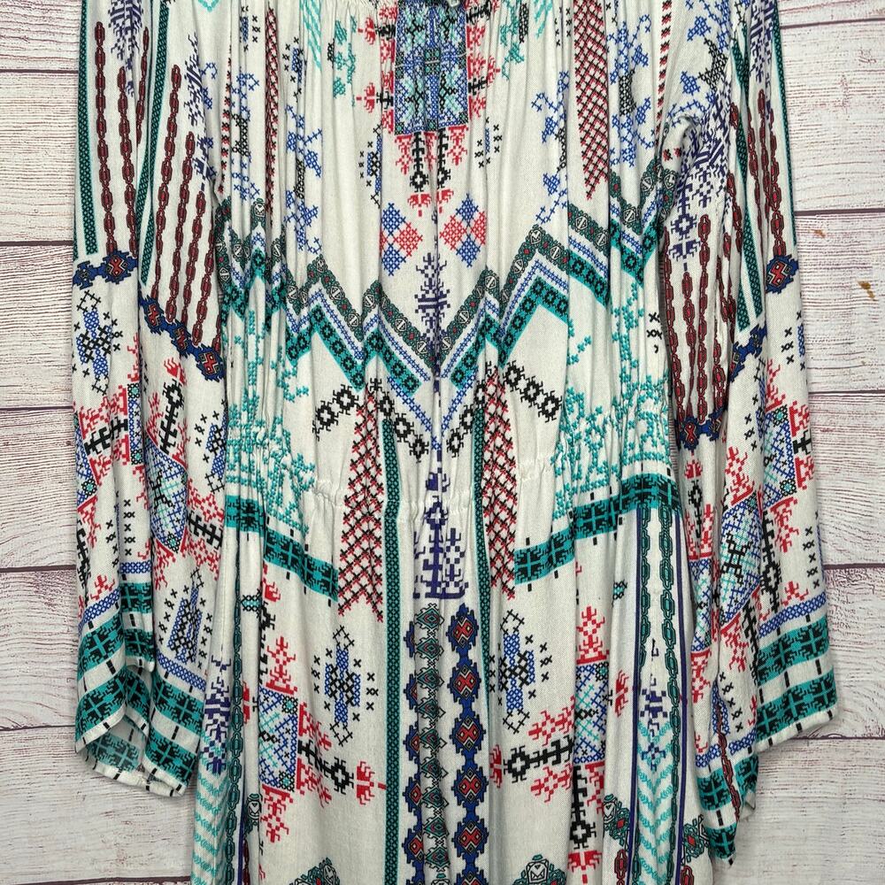 Hemant & Nandita Boho Off Sholder Embroidered Tassel Smocked Mini Dress Medium - Picture 14 of 15